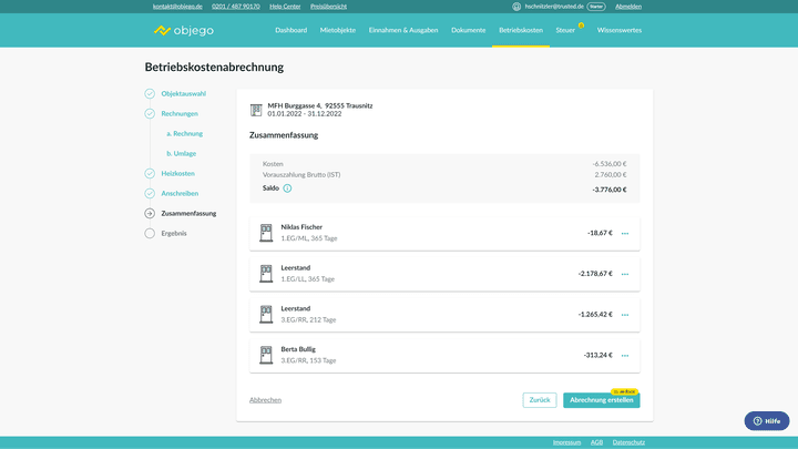 Haben Sie nur den kostenlosen Starter-Tarif, sehen Sie hier nur diese Übersicht. Gut: Die Betriebskostenabrechnung wird gespeichert, sodass Sie sich auch jetzt noch für den Kauf entscheiden können, ohne eine neue Abrechnung erstellen zu müssen.