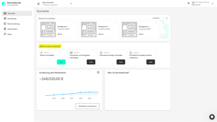 Auf der Startseite von Vermieten+ haben Sie alle wichtigen Informationen auf einen Blick
