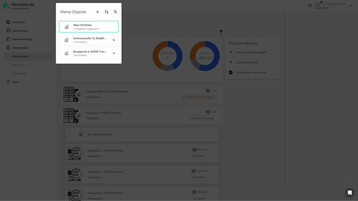 Auf Ihre Miethäuser greifen Sie entweder über die Objektdaten oder über das Dropdown-Menü am oberen Bildschirmrand zu