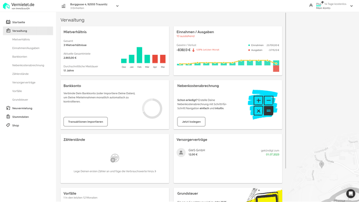 Für den aktuellen Monat fehlen in unserem Test-Gebäude einige Mieteingänge, wie die Übersicht oben rechts zeigt