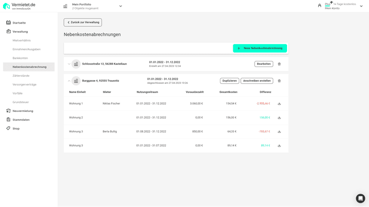 Die Nebenkostenabrechnungen werden dauerhaft gespeichert. Sie müssen diese allerdings als PDF exportieren, der Versand direkt aus der Cloud geht leider nicht.