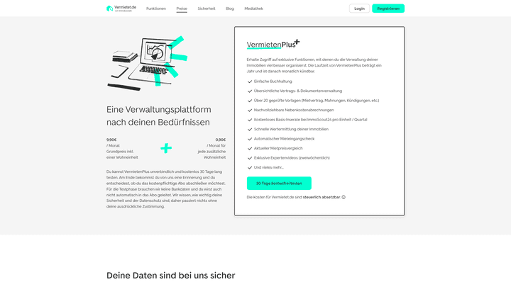 Nach einer 30-tägigen Testphase zahlen Sie einen Grundbetrag plus einen Zusatz für jede Einheit