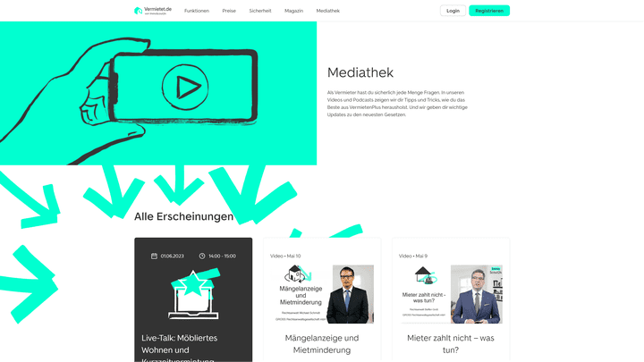 Vermieten+ gibt sich kundenfreundlich - eine eigene Mediathek mit Webinaren und Informationsvideos stehen kostenfrei zur Verfügung
