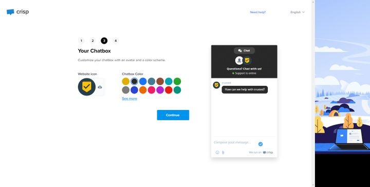 Das Onboarding ist spielend einfach gelöst und hier bietet uns Crisp auch einige Anpassungsmöglichkeiten hinsichtlich der Optik. Im Bild: Wir haben den Chat an unsere trusted-CI problemlos anpassen können!