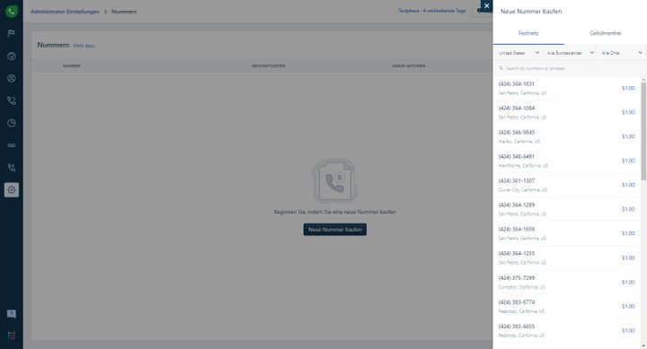 Eine Auswahl der weltweit verfügbaren Nummern wird bei der Einrichtung im Bild eingeblendet