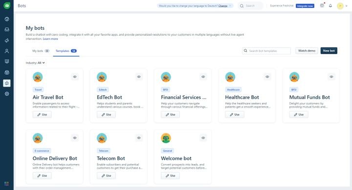 Freshdesk bietet eine große Auswahl an vorgefertigten Chat-Bots