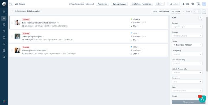 Ein übersichtliches Ticket-System mit Suchfunktion und vielen leicht zu erreichbaren Schaltflächen