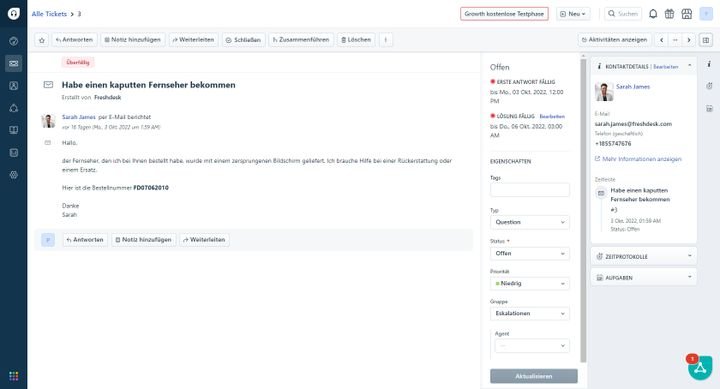 Während der Navigation im Ticketfeld werden Kundeninformationen und Ticketstatus eingeblendet