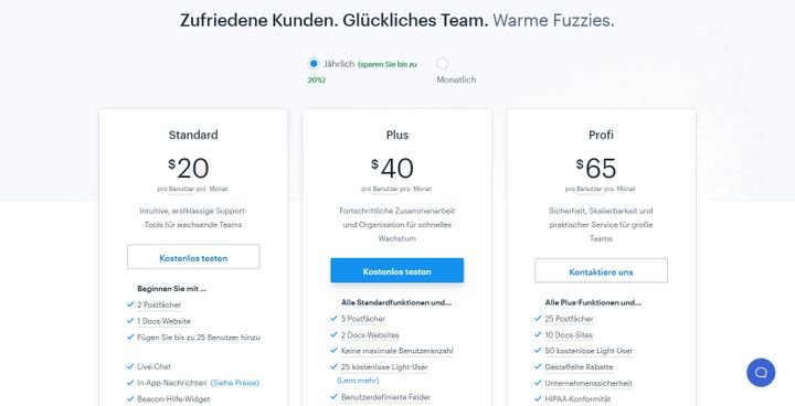 Eine Übersicht der Preise und einen Teil der enthaltenen Funktionen