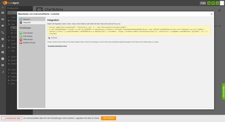 Für die Einbindung des Live-Chats und Anpassungen des Chatfensters gibt es ein eigenes Menü