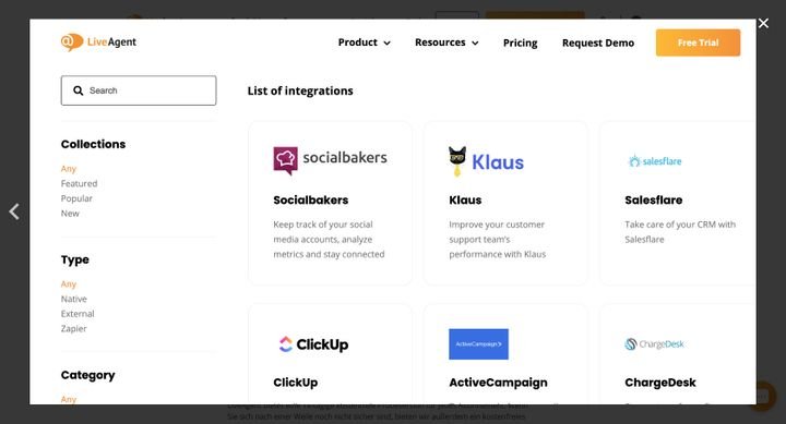 Ein Ausschnitt der in LiveAgent möglichen Integrationen