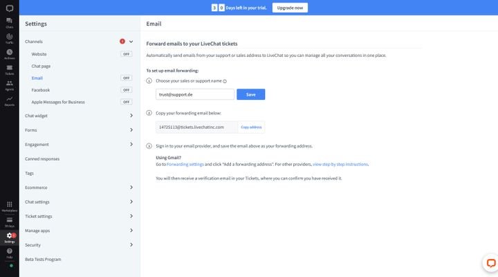 Die E-Mail-Weiterleitung sorgt dafür, dass eingehende E-Mails unserer Supportadresse als Tickets in LiveChat         verfügbar sind