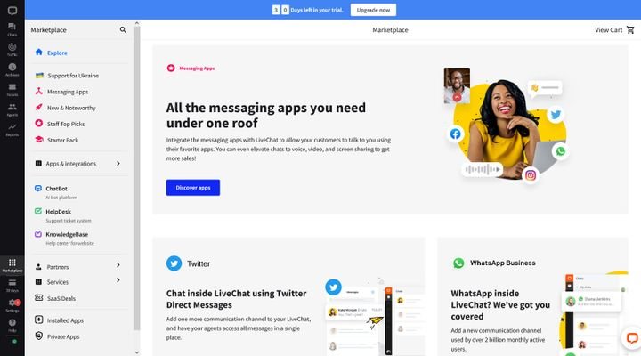 LiveChat bietet über den Marketplace weitere Kanal-Integrationen an