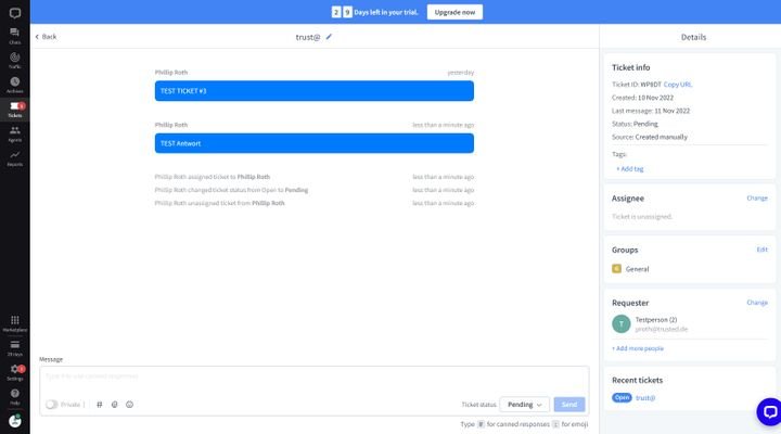 Ticketinformationen sind jederzeit abrufbar und Statusänderung werden direkt in der Tickethistorie angezeigt