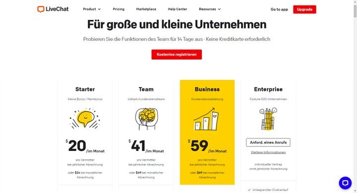 Ein Auszug aus der Kostenübersicht der von LiveChat angebotenen Tarife