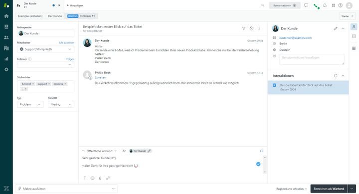 Eines der umfassendsten und besten Ticketsysteme liefert Zendesk: mit einem Blick erfassen Sie nicht nur die Kundenmeldung, sondern haben Zugriff auf relevante Kundendaten und die Tickethistorie