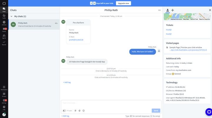LiveChat eignet sich optimal für den direkten Kundenkontakt via Live-Chat. Dank der integrierten Tools zur Webanalyse können Ihre Support-Mitarbeiter:innen für Marketing- und Vertriebszwecke auch proaktiv Kund:innen kontaktieren.