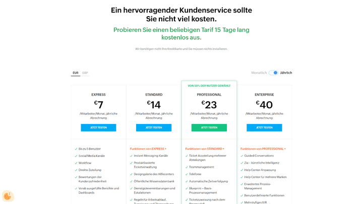 Eine Übersicht der verfügbaren Zoho Desk-Editionen mit den jeweiligen Funktionen und Kosten