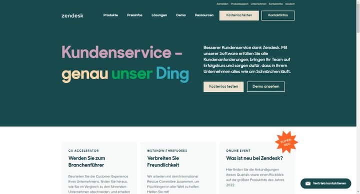 Die Zendesk Startseite lädt zum kostenlosen Test ein