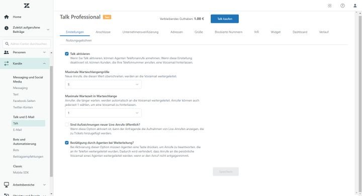Einstellungen für die Telefonie, wie etwa Warteschlangengröße und -Dauer sind schnell vorgenommen