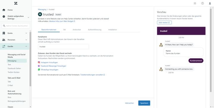 Chat als auch Web-Widget gestalten Sie nach Ihren Anforderungen. Eine Testumgebung bietet eine Vorschau, sodass Änderungen auch während des Betriebes möglich sind.