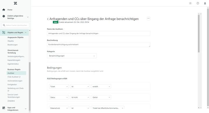 Workflows lassen sich mithilfe von definierten Auslösern starten. Hier sehen Sie ein Beispiel aus unserem Test.