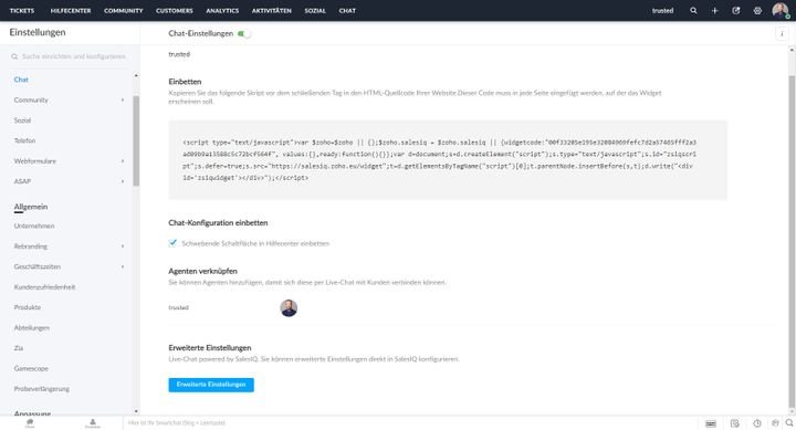 Die Einbettung des Live-Chats auf der Website und im Hilfecenter ist dank bereitgestellten JavaScript ist simpel