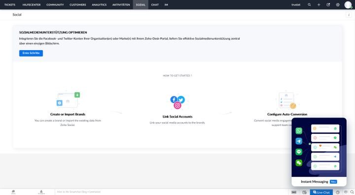 Erstellen Sie eine neue Marke oder verknüpfen Sie Ihre bestehenden Social-Media-Konten mit Zoho Desk