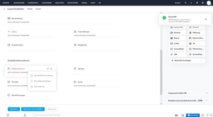 Ticketfelder lassen sich beliebig hinzufügen oder ausblenden. Für uns war das Fälligkeitsdatum im Test wichtig.