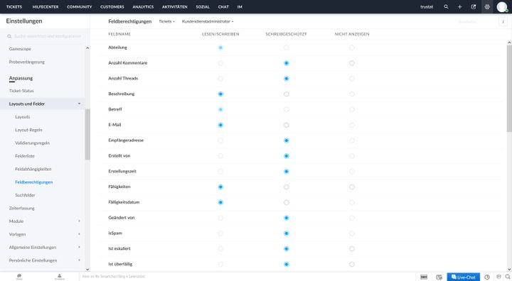 Feldberechtigungen stellen Sie so ein, dass jeder Rolle klare Kompetenzen im Serviceprozess zugeschrieben sind