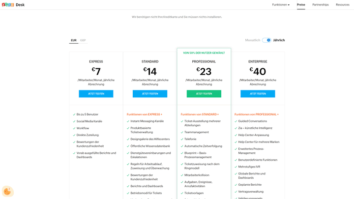 Eine Übersicht über die von Zoho Desk angebotenen Tarife und Funktionen