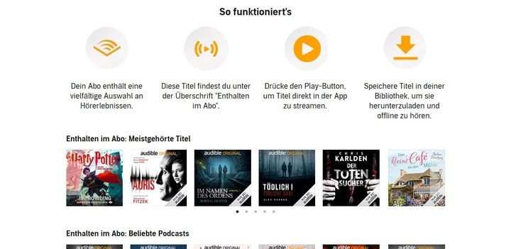Auf der Audible-Startseite lassen sich die wichtigsten Felder für die Navigation finden