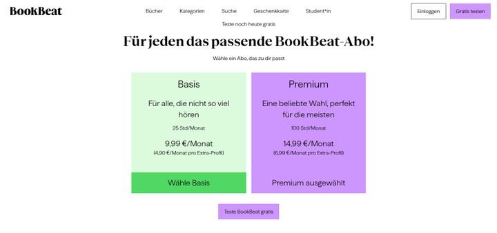 Ein Blick auf die verfügbaren Abo-Modelle von BookBeat