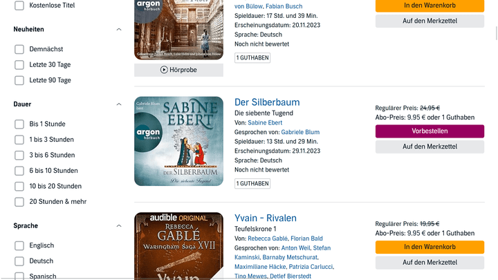 Auf der linken Seite kannst du in jeder Kategorie einfach englischsprachige Bücher herausfiltern