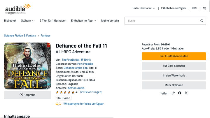 Der elfte Teil der “Defiance of the Fall”-Reihe, ein sogenanntes “LitRPG-Adventure”, steht bei Audible-Hörer:innen momentan ganz hoch im Kurs