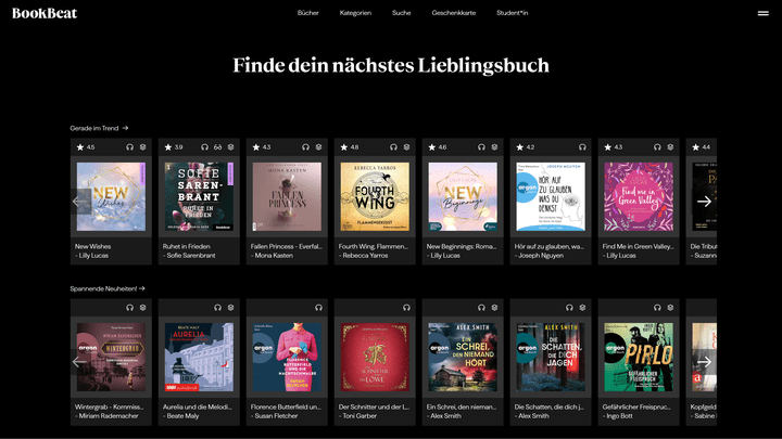 Die Startseite von BookBeat unterscheidet noch nicht zwischen den Sprachen