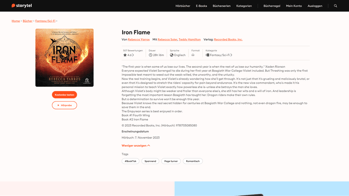 Bücher von Rebecca Yarros gehen bei Storytel momentan sehr gut