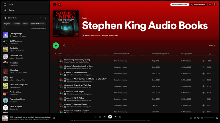 Dieses Buch von Stephen King, “Strawberry Spring”, gibt es als Hörbuch-Playlist auf Spotify