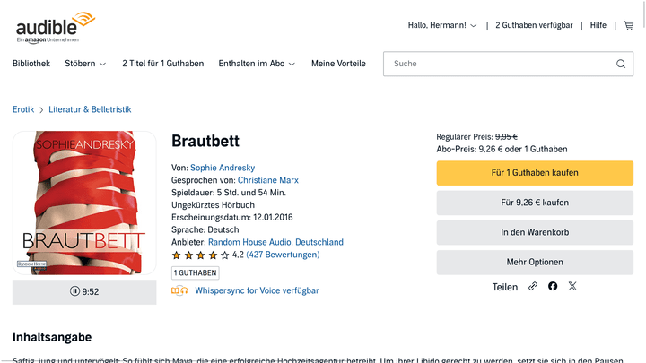 “Brautbett” von Sophie Andresky ist eines der aktuell meistverkauften Hörbücher bei Audible