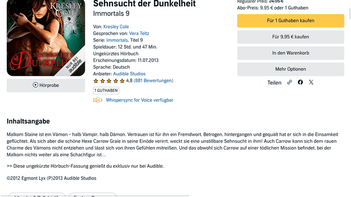 “Sehnsucht der Dunkelheit”, der 9. Teil der “Immortals”-Reihe, belegt den fünften Platz
