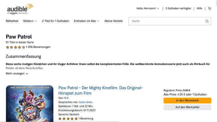 Die mutige Paw Patrol gibt es nicht nur als Serie und Film, sondern auch als Hörspiel