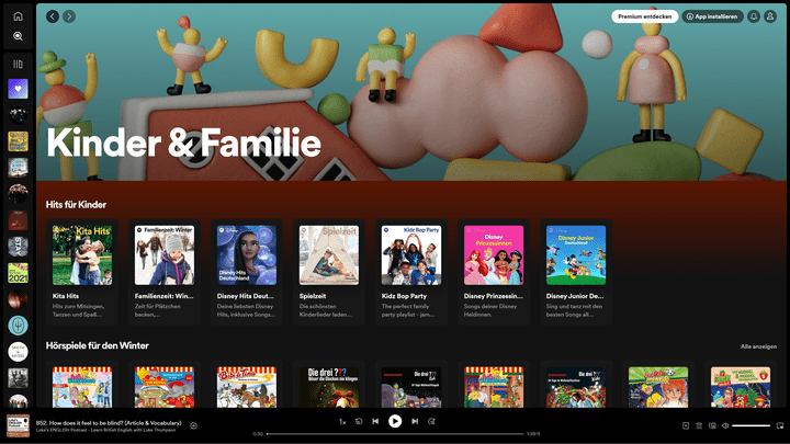 Der Bereich “Kinder & Familie” zeigt Kinderlieder, aber auch ein paar Hörspiele
