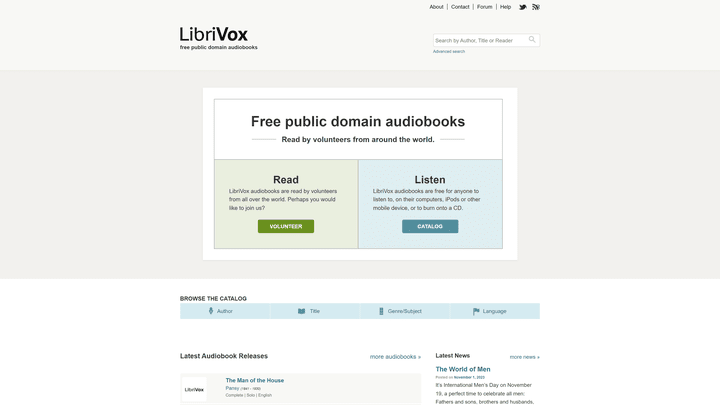 Die Startseite von LibriVox. Beim Design her mag man es sehr traditionell