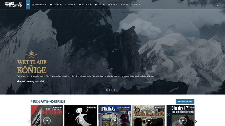 Die Startseite ist modern gestaltet und macht Lust darauf, durch Hörspiele zu stöbern