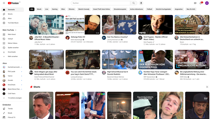 Die bekannte Startseite von YouTube – eine Kategorie für gratis Hörbücher und Hörspieler gibt es nicht
