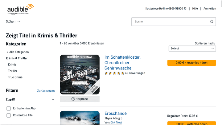 Wie viel ein Buch kostet, siehst du direkt in der Übersicht – längere Hörbücher kosten nämlich unter Umständen mehr