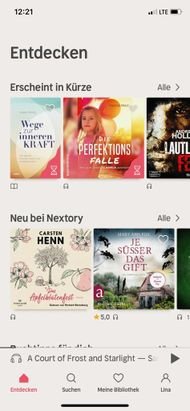 Nextory bietet eine übersichtliche Oberfläche in weiß und rot