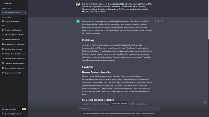 ChatGPTs Antwort auf meinen Prompt ist gut, aber zu kurz