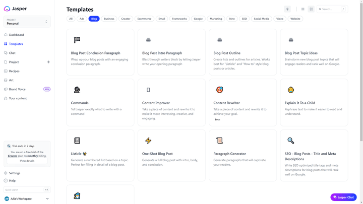 Jasper bietet eine solide Zahl an Textvorlagen