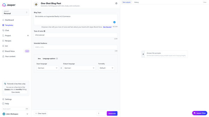 Jasper fragt alle wichtigen Eckdaten für euren KI-Text vor der Texterstellung ab